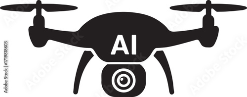 Silhouette of a modern drone with ai text on its body and camera lens representing artificial intelligence in aerial technology