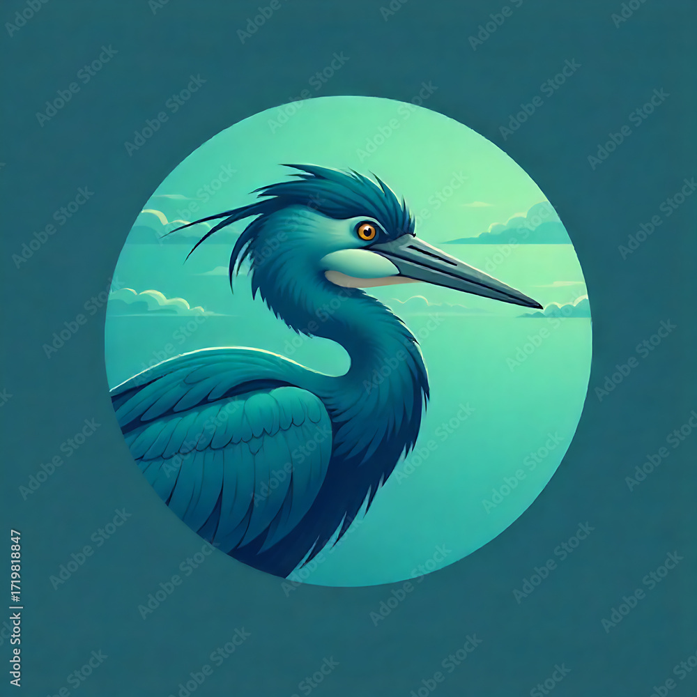 Fototapeta premium Great Blue Heron icon on weathered post, three quarter view, twilight gradient sky.