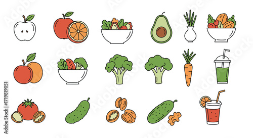 Colorful vector icons featuring a variety of nutritious fruits, crisp vegetables, healthy nuts, and energizing drinks, illustrating the importance of a balanced diet and wellness