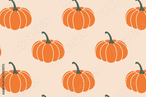 Seamless vector pattern with orange pumpkins on beige background, simple autumn harvest design for wrapping paper, textile, and seasonal decoration.