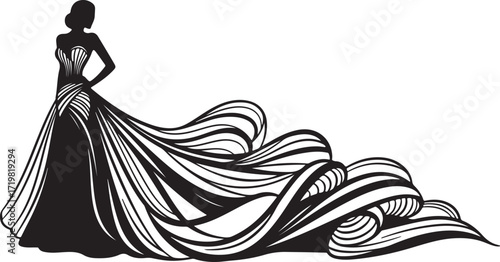 Elegant silhouette of a woman in a flowing ball gown with dramatic train female dress