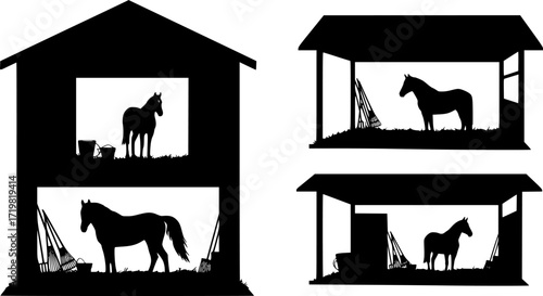 Silhouette of a horse in a barn with gardening tools including a rake and shovel inside the structure | editable eps vectors
