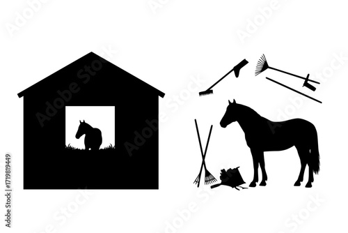 Silhouette of a horse in a barn with gardening tools including a rake and shovel inside the structure | editable eps vectors
