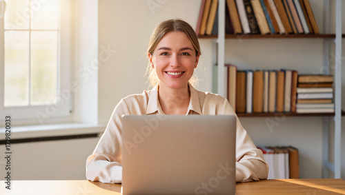 A happy young woman with a laptop smiles directly at the camera while working from a bright, modern home office. The image represents a positive work-life balance and a modern, productive lifestyle.