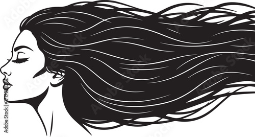 Profile silhouette of a woman with long flowing hair blowing in the wind vector illustration