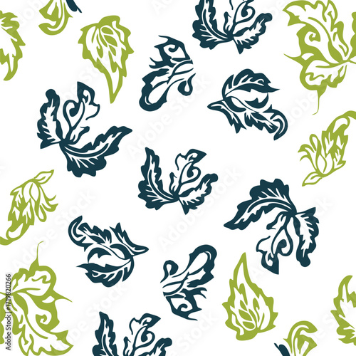 Seamless pattern of stylized leaves in green and blue on a white background art