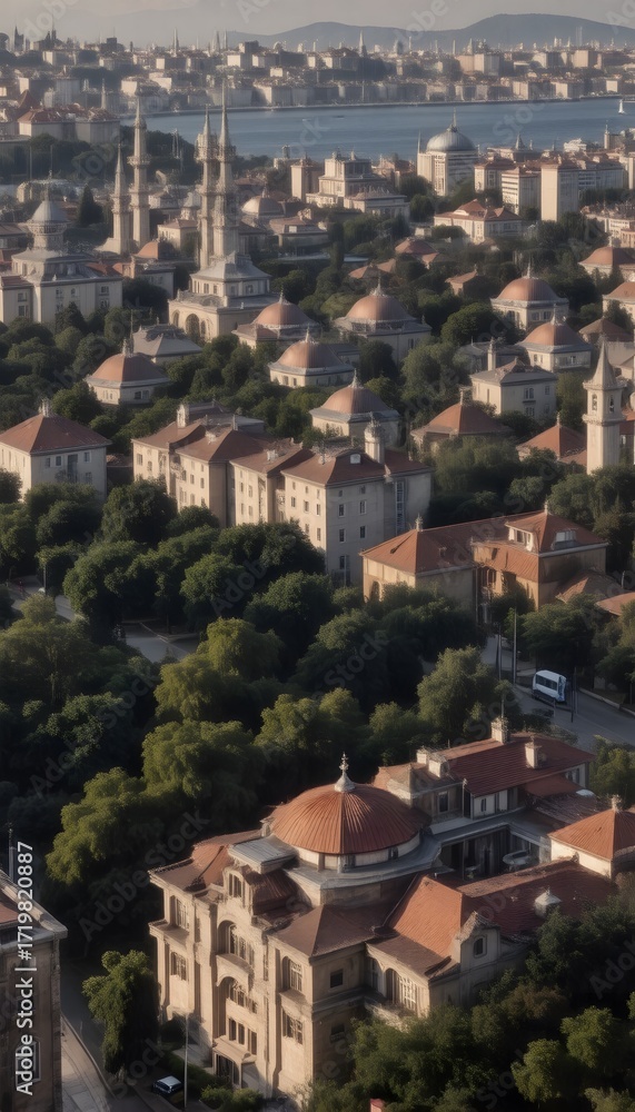 Fototapeta premium Istanbul skyline panorama with historic landmarks and modern cityscape, subject on the left, ample copy space on the right, clear positioning for photo.