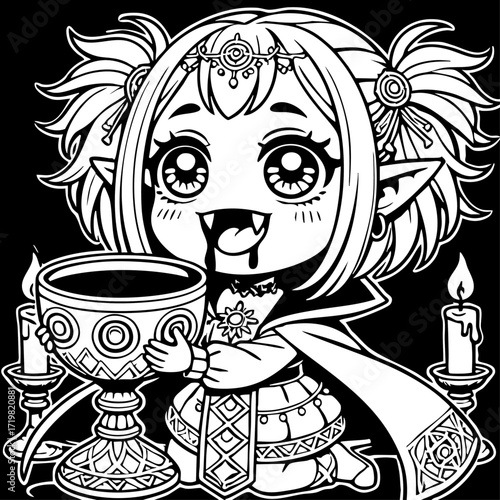 Cute vampire girl holding a chalice filled with blood, drawn in charming anime style, symbolizing dark elegance with a playful touch.