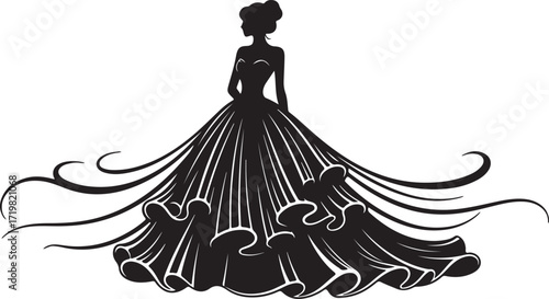 Silhouette of a woman in a dramatic black ball gown with swirling fabric details female