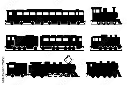 Silhouette of various train carriages