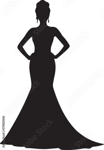 Silhouette of a woman in a formal gown with hands on hips on a white background female