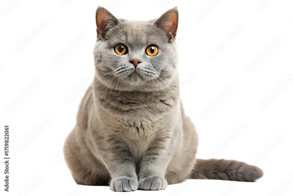 Fototapeta premium British Shorthair cat with orange eyes sitting isolated on a transparent background