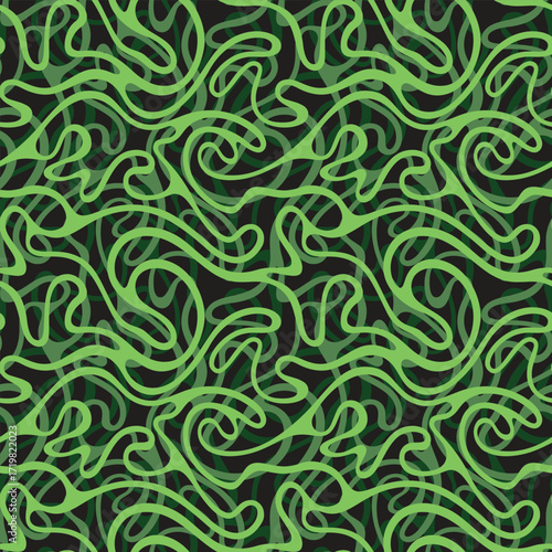 Abstract scarf print pattern of intertwining green lines against a black background, creating a fluid and dynamic visual effect.


