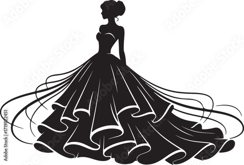 Silhouette of a woman in a voluminous ruffled ball gown with flowing fabric on white
