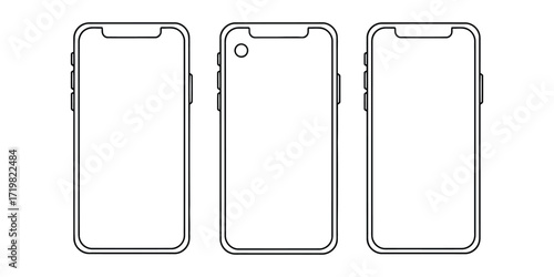 Smartphone outlines show different screen styles in a row, presenting modern mobile technology and minimalist aesthetic.