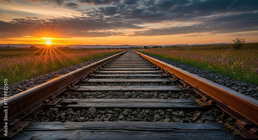 Obraz premium A long, straight railroad track stretches into the distance, with a vibrant sunset in the background and a field of purple flowers on either side.