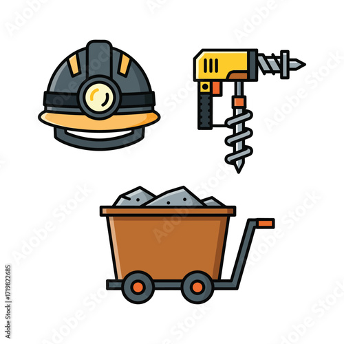 Mining equipment including helmet, drill, and cart sit ready for work in a stylized depiction of the industry, showcasing the tools needed for extraction.