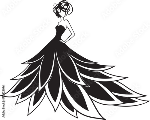 Stylized silhouette of a woman in a dramatic layered petal-like gown Keywords: silhouette, woman, dress, gown