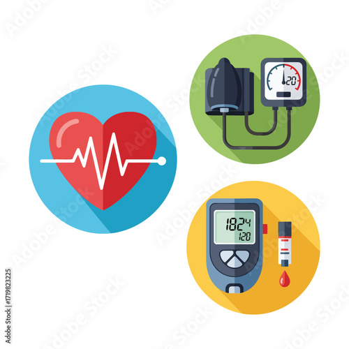 Medical equipment displaying heart rate, blood pressure, and glucose levels, indicating health monitoring and diagnostic tools in a clinical setting.