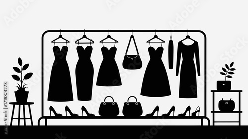 Elegant dresses on a modern clothing rack with stylish heels and handbags, a fashionable vector showcase for boutique collections and wardrobe design inspiration
