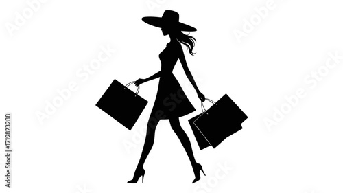 Elegant silhouette of a woman shopping with bags, perfect for fashion blogs, retail ads, and stylish marketing materials, conveying sophistication and luxury