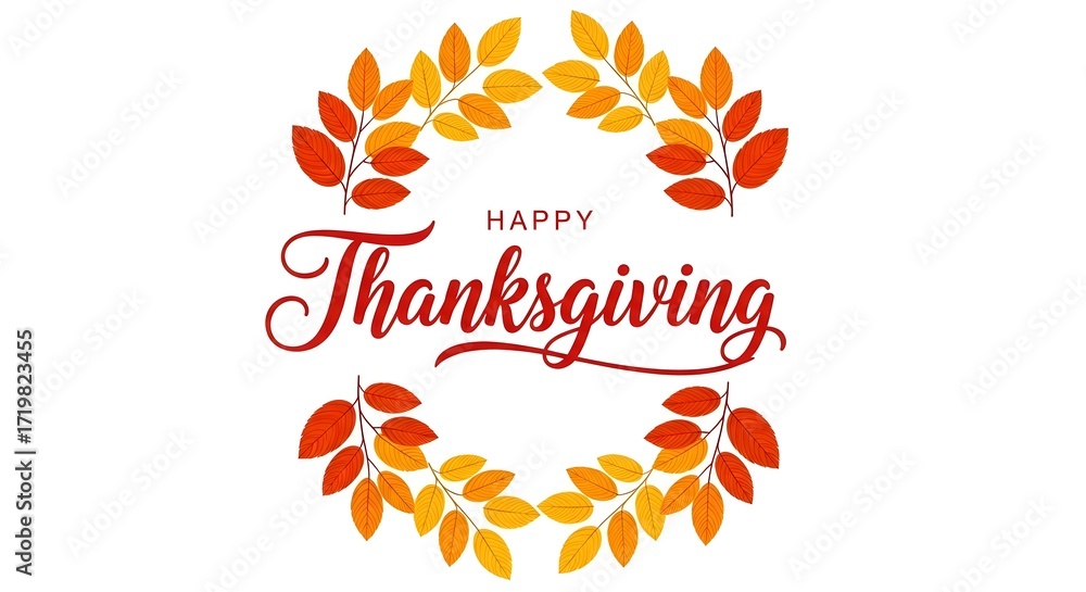 Fototapeta premium Happy thanksgiving text in red calligraphy, framed by a wreath of autumn leaves in red, orange, and yellow on a white background, isolated on white background