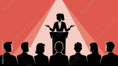 Dynamic businesswoman delivering powerful speech, captivating audience with confident presentation skills at conference or corporate event, leadership illustration