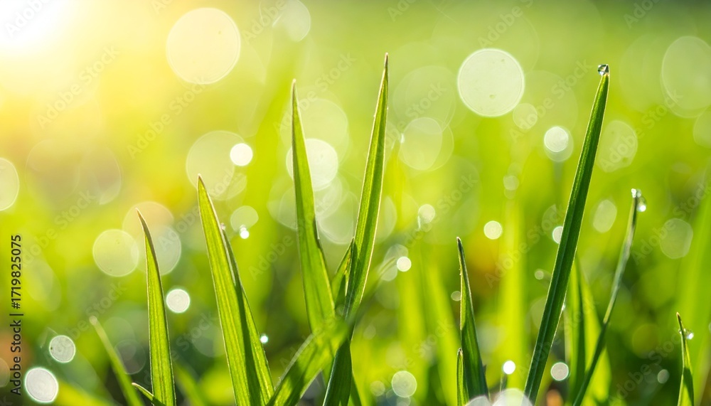 Fototapeta premium Close-up of vibrant green grass with glistening morning dew drops and beautiful sunlit bokeh, symbolizing freshness, growth, and nature's serene beauty.