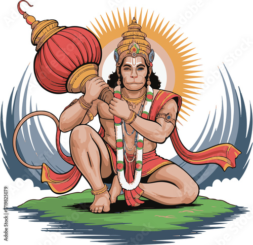 Hanuman Carrying Mountain Illustration Hindu Deity Devotion Strength Courage Power