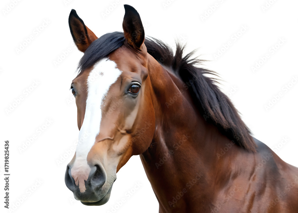 Fototapeta premium Dark brown horse head with white blaze isolated on a transparent background animal