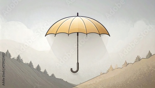 Yellow umbrella against a hazy mountain backdrop