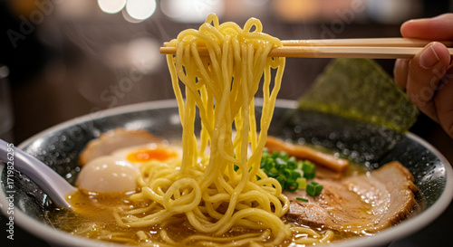A pair of chopsticks lifting noodles from ramen