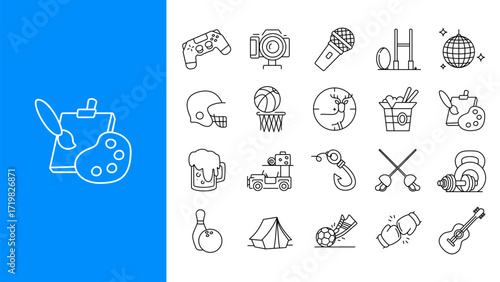 Hobby and lifestyle line icons set. Sports, games, music, art, travel, camping, fitness, and entertainment. Outline vector illustration. Editable stroke.