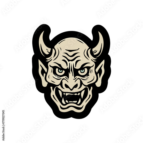 Japanese Oni Mask Illustration with Fierce Expression and Traditional Demon Design