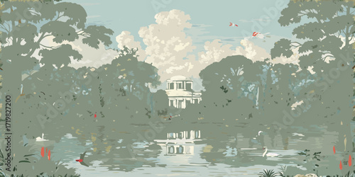 Tranquil park landscape with a classical building reflected in a serene lake and swans swimming