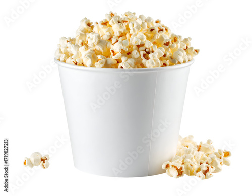 A large white bucket overflowing with freshly popped popcorn, perfect for movie nights or snack time.
