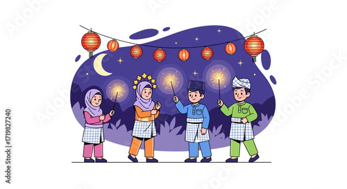 Celebrating Ramadan Children joyfully holding sparklers under a starry night sky adorned with lanterns, symbolizing festivity and unity in a heartwarming illustration
