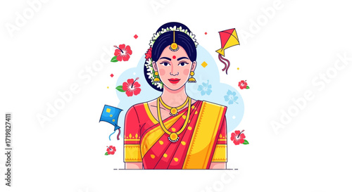 Illustration of a woman in a traditional Indian saree, adorned with jewelry and flowers, celebrating a festival, vibrant colors, and festive mood