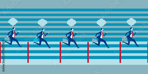 Businessmen in a race running through hurdles with thought bubbles above their heads