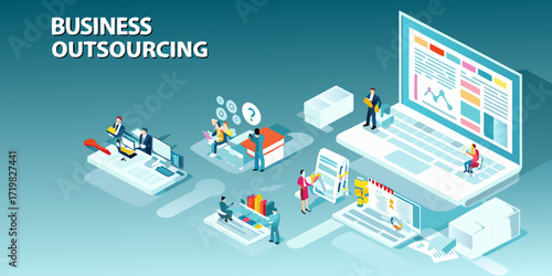 Business outsourcing concept illustration with isometric people working on laptops and documents