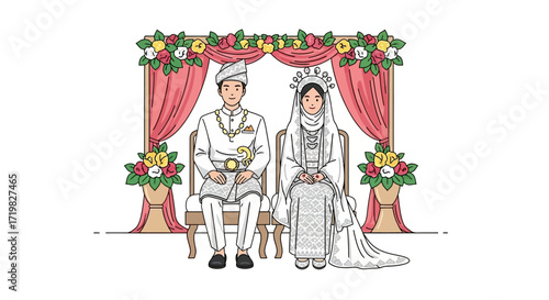 Illustration of a traditionally dressed couple on their wedding day, sitting side by side in front of a decorative archway, symbolizing love and union