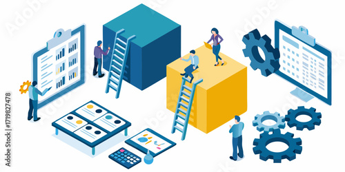 Business team collaborating on project development using charts and gears in isometric illustration
