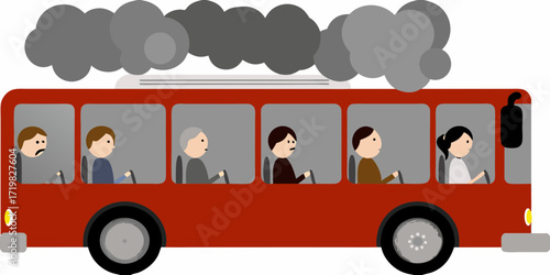 Red bus with passengers and dark smoke billowing from the roof symbolizing a problem or breakdown