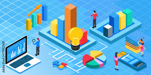 Isometric illustration of business analytics and data visualization with charts graphs and people