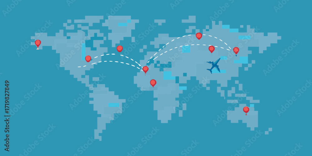 Fototapeta premium World map with airplane flying between pin locations showing travel routes and destinations