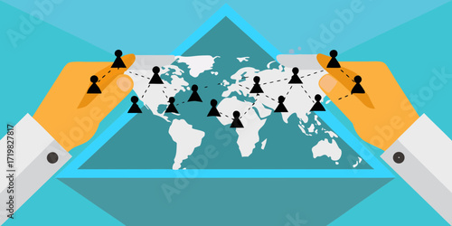 Global network connection with hands holding world map and connected people icons