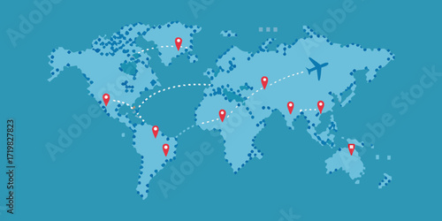 World map with airplane and travel routes connecting various global destinations with red pins