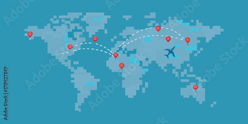 World map with airplane flying between pin locations showing travel routes and destinations