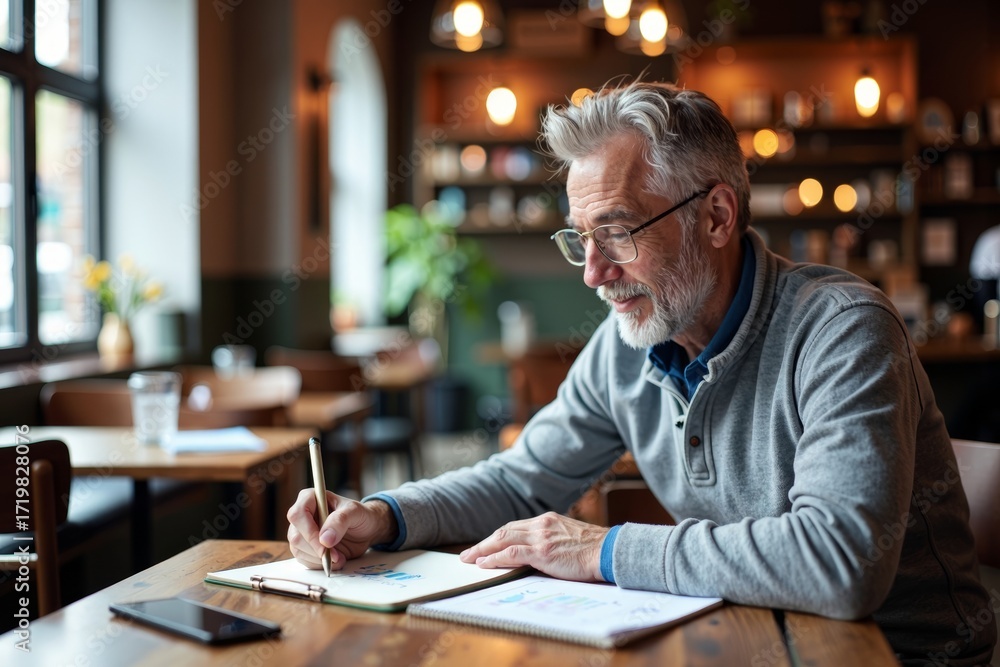 Fototapeta premium Man Planning his Future in a Cozy Coffee Shop, Sketching Out Ideas and Enjoying Social Security Benefits