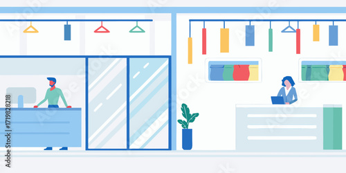 Modern clothing store interior with staff at the counter and colorful garments displayed